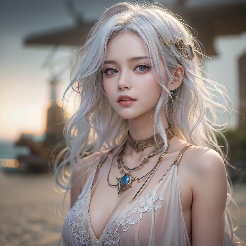 (masterpiece:1.3), (8K, Realistic, RAW Photos, Best image quality: 1.4), Fair-skinned fairy woman、Long Hair、Cleavage:2.0、Highly detailed face、Attention to detail、double eyelid、Chest to chest、Sharp focus:1.2、Beautiful woman:1.4、Silvery white hair、Highest quality、masterpiece、Ultra-high resolution、(Realistic:1.4)、Highly detailed and professionally lit smiles、Loose, Light, steampunk、Shoulder out、thin、Serious expression、Short-haired、Deadly position, One person、whole body,Walking on the beach、Gorgeous Necklace、