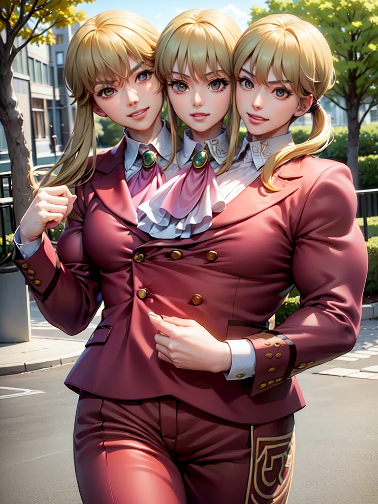 (2heads:1.6), (masterpiece, best quality:1.2), cowboy shot, solo, male focus, 1boy, (ushiromiya lion:1.1), androgynous, smile, closed mouth, looking at viewer, arms at side, ponytail, formal, suit, ascot, light blonde hair, walking through park, (extremely muscular:1.8)