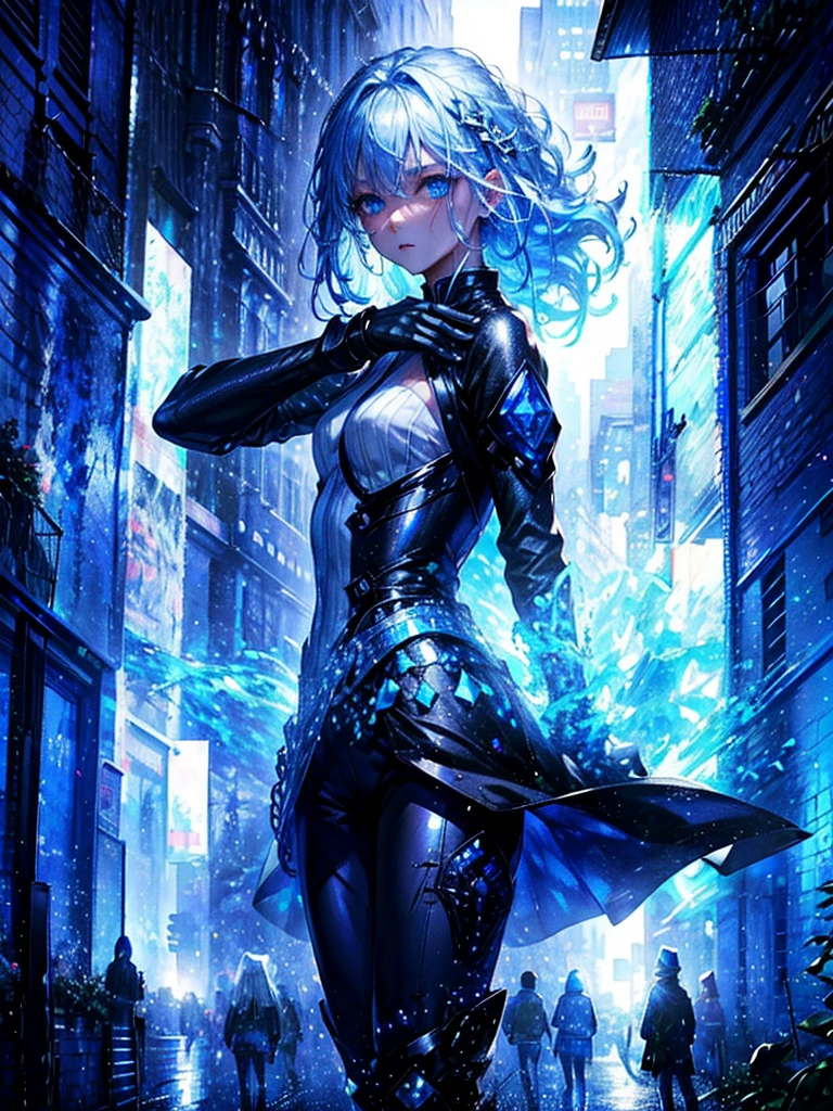 One beautiful woman、Long Field Angle、Highest quality、Super detailed、masterpiece、Transparent light blue hair、Crystal-like hair、Blue eyes that shine like jewels、Wet Hair、City building street、in the rain、Combat Uniform、Pants Style、Holding a bloody sword、Blood splatter
