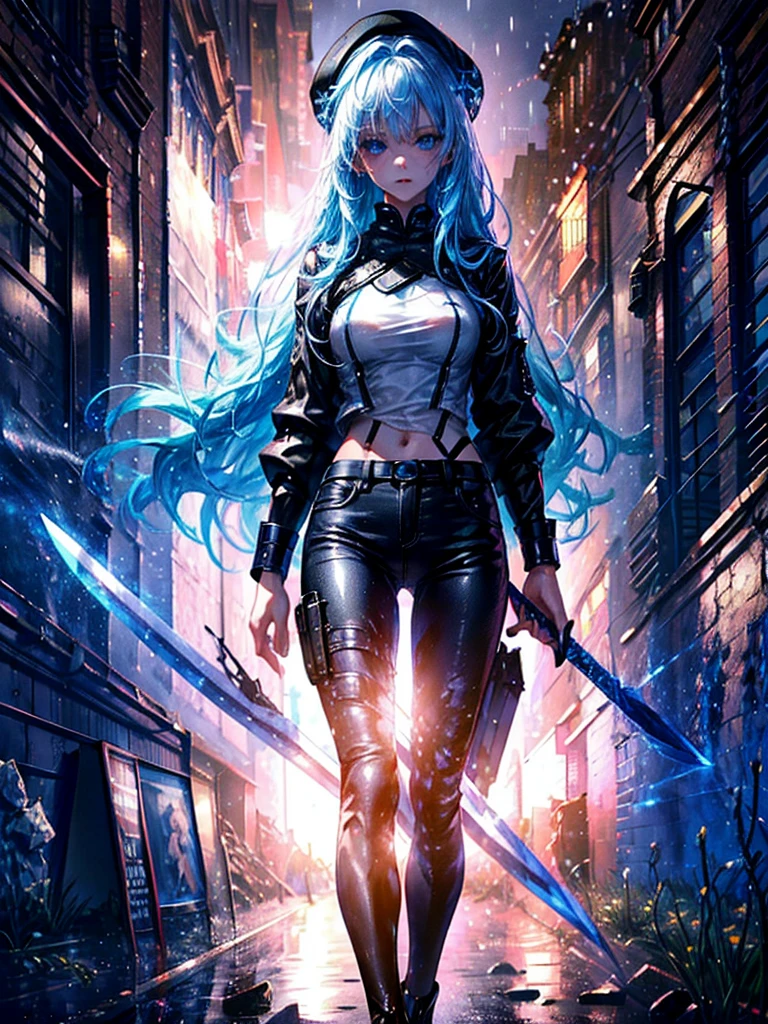 One beautiful woman、Long Field Angle、Highest quality、Super detailed、masterpiece、Transparent light blue hair、Crystal-like hair、Blue eyes that shine like jewels、Wet Hair、City building street、in the rain、Combat Uniform、Pants Style、Holding a bloody sword、Blood splatter