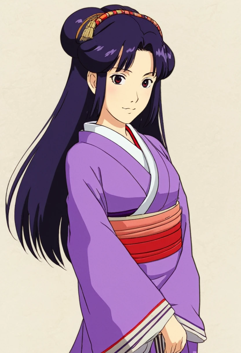 A Ghibli's studio character (2D). She have long black hair . She wears traditional oiran clothes purple and red