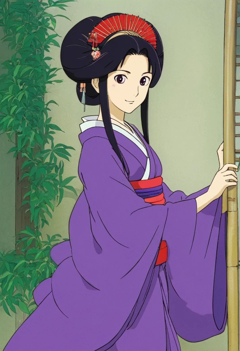 A Ghibli's studio character (2D). She have long black hair . She wears traditional oiran clothes purple and red