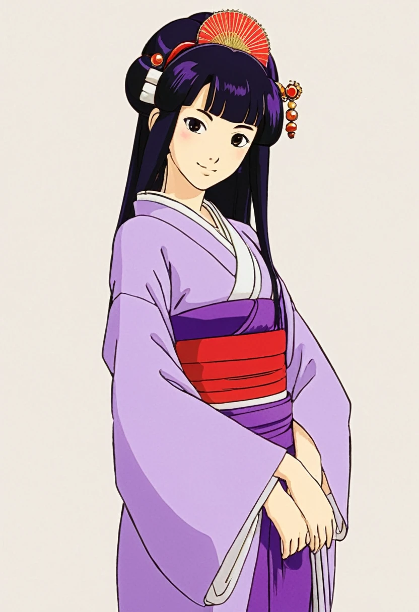 A Ghibli's studio character (2D). She have long black hair . She wears traditional oiran clothes purple and red