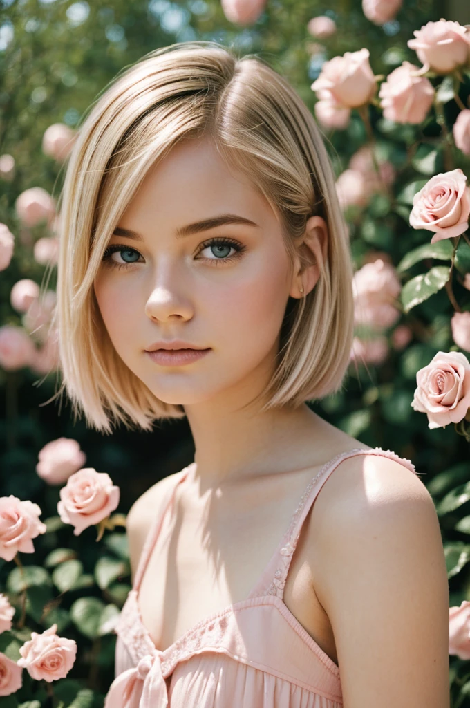 8k, photo and gross, fujifilm, Style photography of a beautiful young girl like Avril in a light pink rose garden. (very detailed skin: 1.2) Style-Petal BREAK short hair, blonde hair with colored highlights, wearing a dress, film grain, 35mm, beautiful style