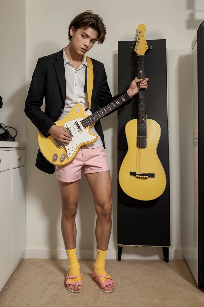  boy 19 years old, 1 meter 70 tall with black suit and pink shorts with yellow ducks and slippers on his feet holding a white guitar. 