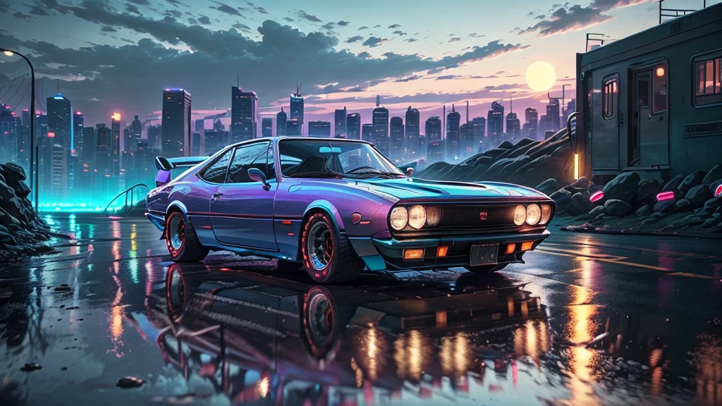 Reverse wave. City, 1969 Nissan S30, wide-body kit, road, purple neon, sun, close-up
(masterpiece, detailed, high resolution),