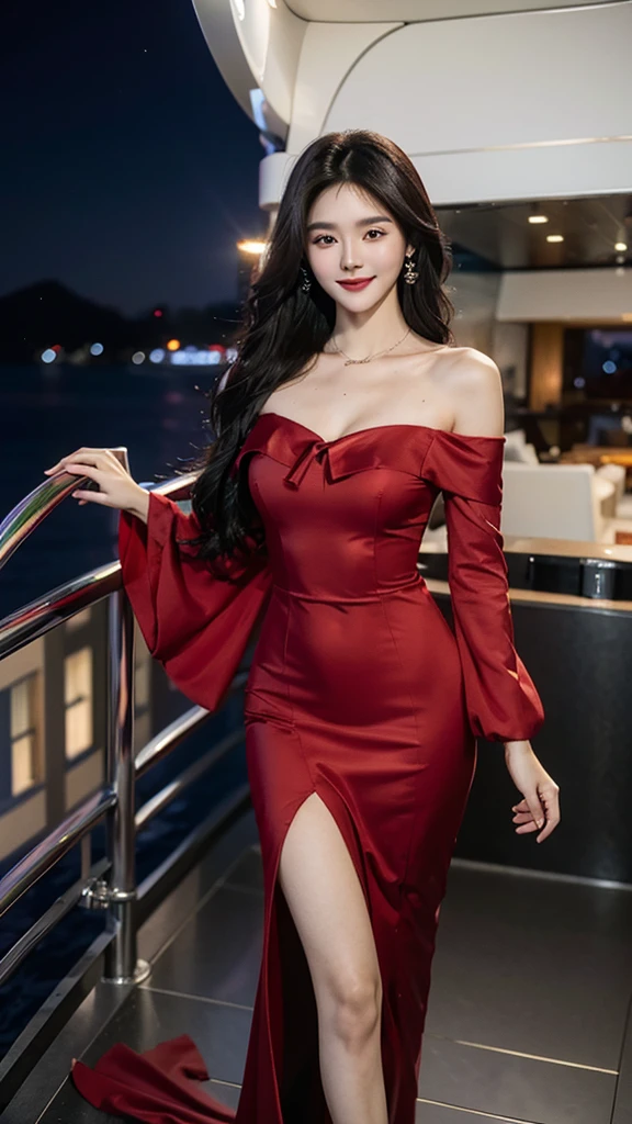 A sweet girl by the yatch,voluminous hair,Delicate face,Photorealsitic,of a real,largeaperture,wears a dark red dress,A cropped dress,Off-the-shoulder,A dress around the neck,Slim,smiles,Ultra-high resolution, Blurred background