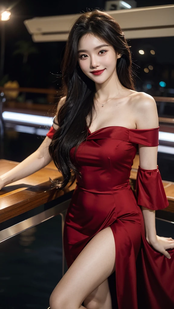 A sweet girl by the yatch，voluminous hair，Delicate face，Photorealsitic，of a real，largeaperture，wears a dark red dress，A cropped dress，Off-the-shoulder，A dress around the neck，Slim，smiles，Ultra-high resolution, Blurred background