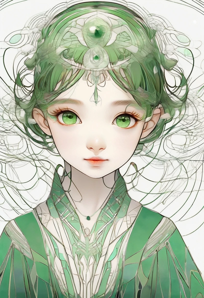 A small girl with a cool face is sitting upright and looking at the viewer.、short hair、The background features a large line art of a gentle goddess.、White background、Dark green lines、Fractal Art Lines、Zendangle Art、Masterpiece、Ultra-detailed、8K