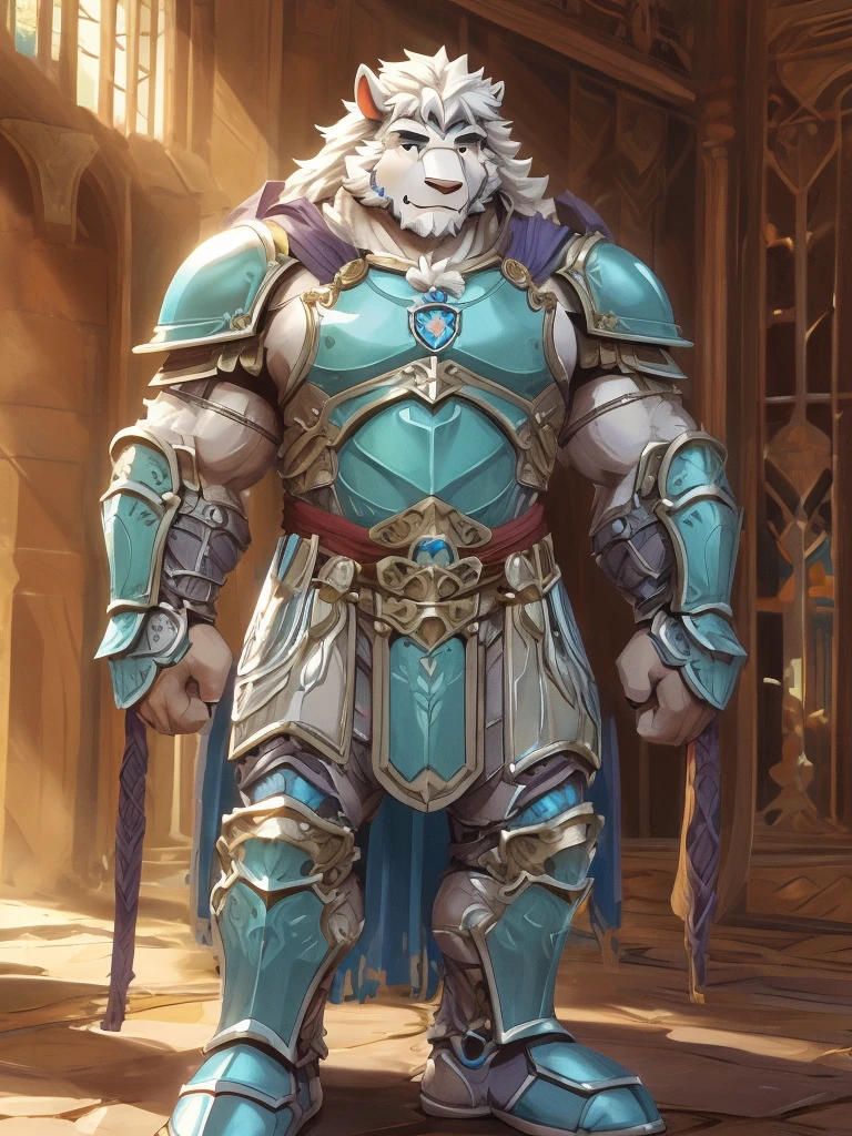 a furry sheep, white fur, cyan long hair, slim fit, fit build, paladin, ((white sheep), ((paladin armor)), furry art, full body, mature, tall, daddy, muscular, silky hair,
