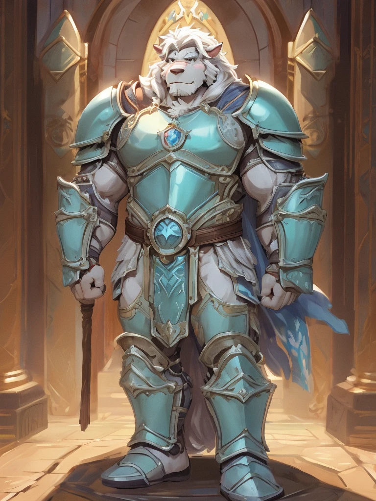 a furry sheep, white fur, cyan long hair, slim fit, fit build, paladin, ((white sheep), ((paladin armor)), furry art, full body, mature, tall, daddy, muscular, silky hair,