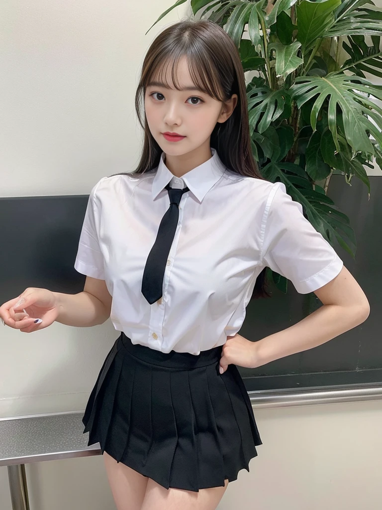 A young woman stands and gives a presentation wearing a sexy academic uniform.,Small milk,Look at me on the table, black skirt,Unbutton your shirt and show your breasts., Open a tight white shirt.,(collar shirt),、(Masterpiece、Highest quality) 、for sharp images、The sun is strong.、Definitely a striking image., very very beautiful、Masterpiece, Highest quality,picture, cute,((23 year old woman:1.2)), realistically,realistic