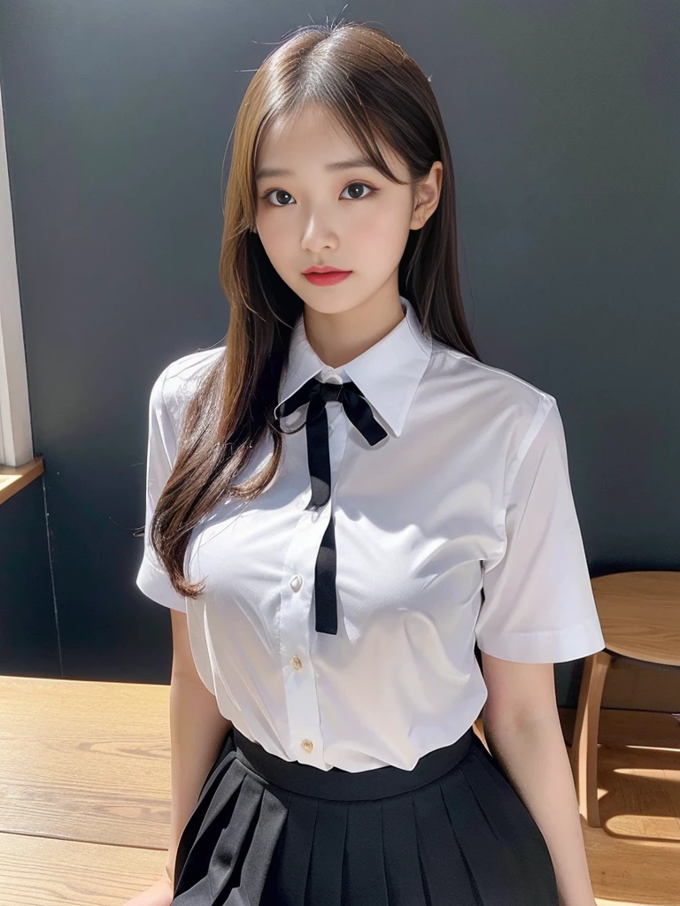 A young woman stands and gives a presentation wearing a sexy academic uniform.,Small milk,Look at me on the table, black skirt,Unbutton your shirt and show your breasts., Open a tight white shirt.,(collar shirt),、(Masterpiece、Highest quality) 、for sharp images、The sun is strong.、Definitely a striking image., very very beautiful、Masterpiece, Highest quality,picture, cute,((23 year old woman:1.2)), realistically,realistic