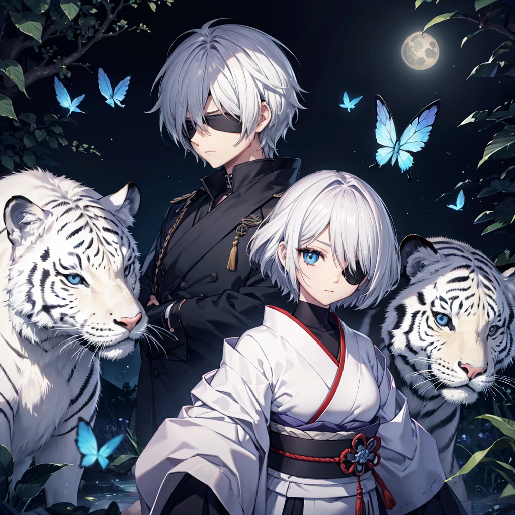 (((1 person))) (((Put on an eye patch))) ((White Tiger)) ((High resolution short hair Gray Hair Black kimono Shoulder knifeを胸の前で構える)) ((Black Band samurai Lonely despair blue eyes Close-up)) ((Blue Butterfly night Japanese style old Shining Aura garden water surface full moon Catch the wind)) (dance 日本knife knife Slashing) moonlight star Draw your sword Shining Background Shining Edge