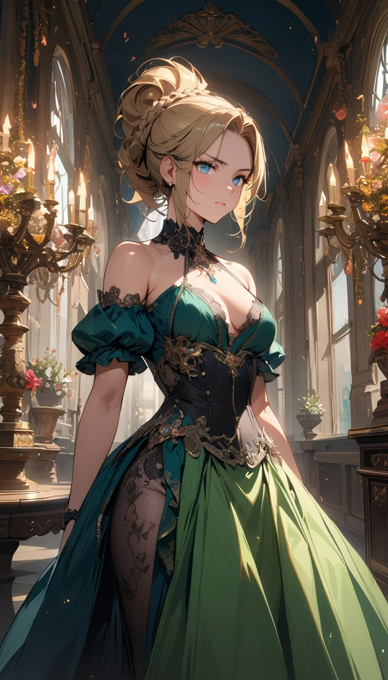 Woman, serious, warrior, armour, elegant, red and green evening dress, aristocratic, silver elements, long nails, blonde hair, blue eyes, bare shoulders, hairstyle, hair up, braid and ponytail, messy, arrogant, absurd, detailed dress, royalty, celebration, hall decorated with flowers, full body shot, portrait, (best quality), (masterpiece), (highly detailed), (4k)