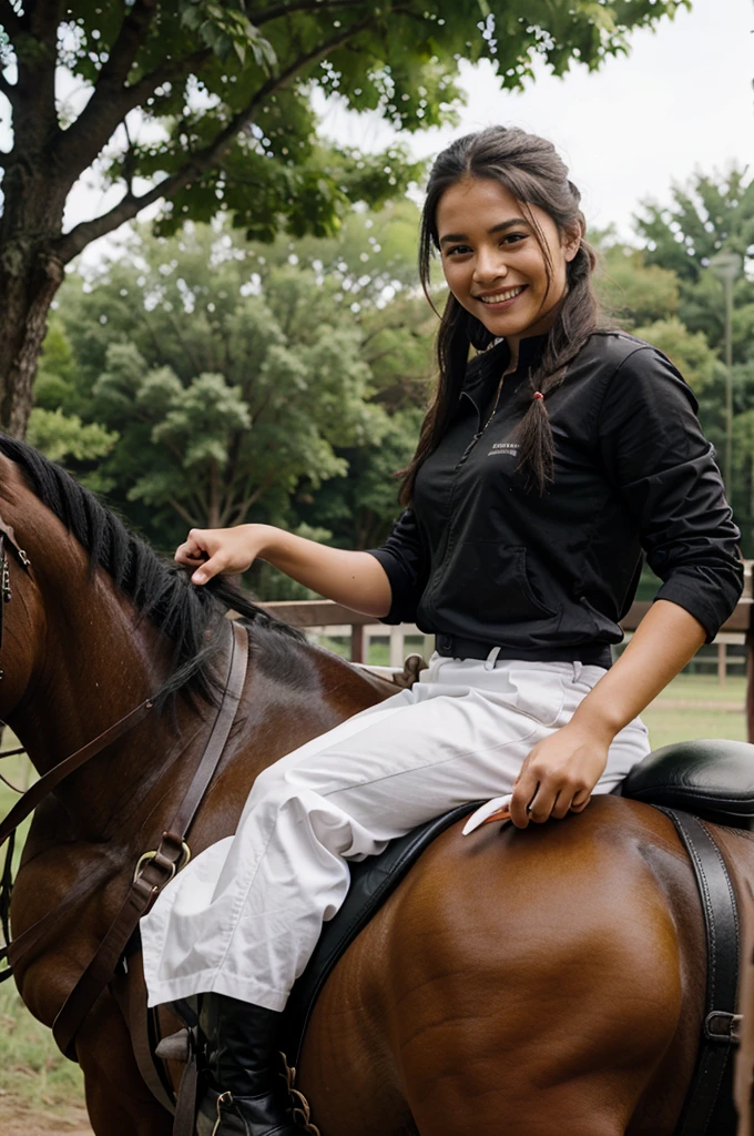 Indigenous 18 years old girl riding a horse, chuckle smile
