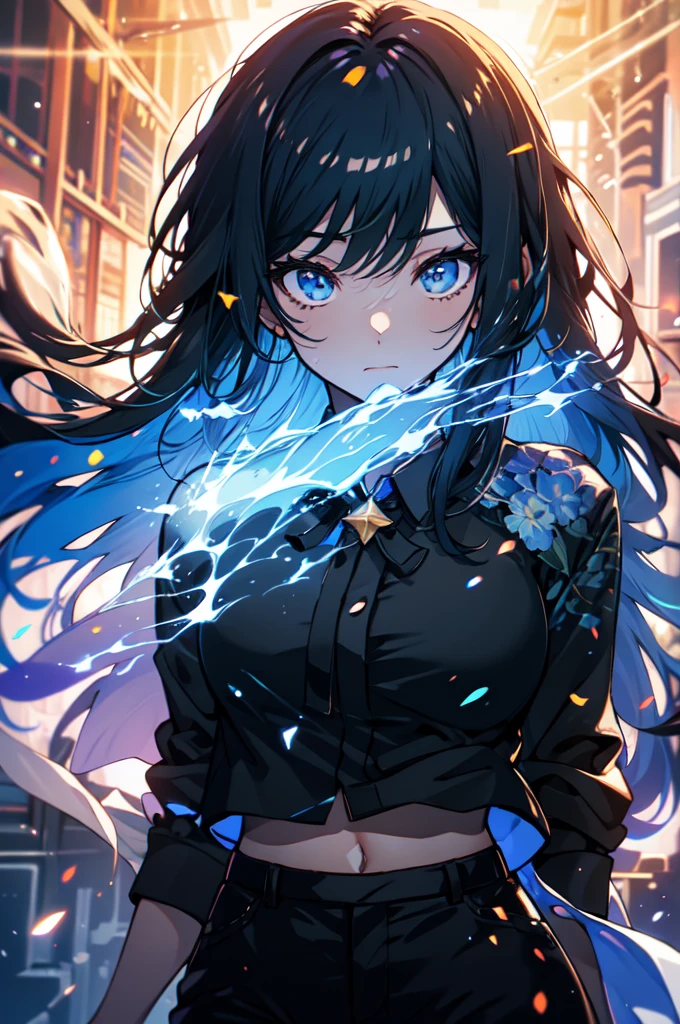 Beautiful hands, Beautiful dresasterpiece, (best quality:1.2), intricate details, ado, 1girl, multicolored hair, long hair, collared shirt, jacket, bangs, long sleeves, blue flower, (mature female:1.2), Ado, (dark blue hair, light blue inner), extra long hair, straight hair, blue eyes, slanted eyes, white inner shirt, (long black jacket, long black pants),  (masterpiece, best quality:1.2), intricate details, ado, 1girl, multicolored hair, long hair, collared shirt, bangs, long sleeves, blue flower, (mature female:1.2), Stars and comets pass by in the open sky, Beautiful Clouds, A tree with glowing fireflies and butterflies々, (Ultra-realistic), {Highly detailed CG unit 8k wallpaper}, Vast landscape photography, (View from below with a panoramic view of the sky, vast open field vision), (Low angle shot), (Light: 1.5), (warm Light source: 1.2), Intricate details, (Rainbow colors: 1.2), (bright Lighting), (atimospheric Lighting), dream-like, Magic, fairy tale