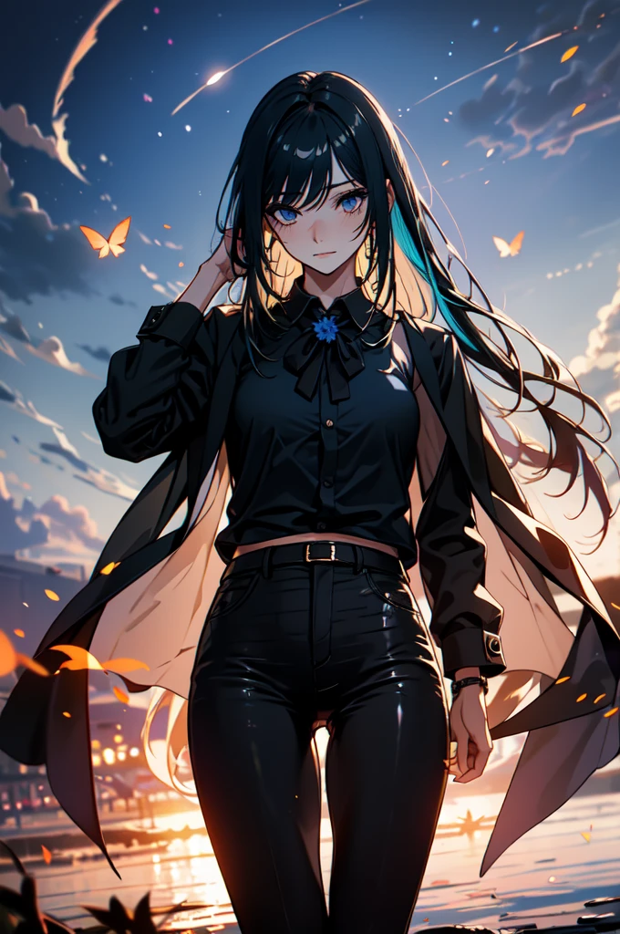 Beautiful hands, Beautiful dresasterpiece, (best quality:1.2), intricate details, ado, 1girl, multicolored hair, long hair, collared shirt, jacket, bangs, long sleeves, blue flower, (mature female:1.2), Ado, (dark blue hair, light blue inner), extra long hair, straight hair, blue eyes, slanted eyes, white inner shirt, (long black jacket, long black pants), (masterpiece, best quality:1.2), intricate details, ado, 1girl, multicolored hair, long hair, collared shirt, bangs, long sleeves, blue flower, (mature female:1.2), Stars and comets pass by in the open sky, Beautiful Clouds, A tree with glowing fireflies and butterflies々, (Ultra-realistic), {Highly detailed CG unit 8k wallpaper}, Vast landscape photography, (View from below with a panoramic view of the sky, vast open field vision), (Low angle shot), (Light: 1.5), (warm Light source: 1.2), Intricate details, (Rainbow colors: 1.2), (bright Lighting), (atimospheric Lighting), dream-like, Magic, fairy tale