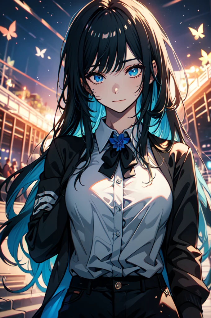 Beautiful hands, Beautiful dresasterpiece, (best quality:1.2), intricate details, ado, 1girl, multicolored hair, long hair, collared shirt, jacket, bangs, long sleeves, blue flower, (mature female:1.2), Ado, (dark blue hair, light blue inner), extra long hair, straight hair, blue eyes, slanted eyes, white inner shirt, (long black jacket, long black pants),  (masterpiece, best quality:1.2), intricate details, ado, 1girl, multicolored hair, long hair, collared shirt, bangs, long sleeves, blue flower, (mature female:1.2), Stars and comets pass by in the open sky, Beautiful Clouds, A tree with glowing fireflies and butterflies々, (Ultra-realistic), {Highly detailed CG unit 8k wallpaper}, Vast landscape photography, (View from below with a panoramic view of the sky, vast open field vision), (Low angle shot), (Light: 1.5), (warm Light source: 1.2), Intricate details, (Rainbow colors: 1.2), (bright Lighting), (atimospheric Lighting), dream-like, Magic, fairy tale