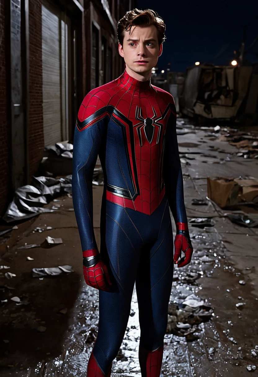 In an alley lit only by flickering streetlights, Peter Parker stood holding his worn-out Spider-Man suit. The moon palely illuminated his face, whose expression was full of disappointment and fatigue.

He sighed heavily, squeezing his eyes shut for a moment before decisively striding towards a trash can standing against the wall of an abandoned building. The silvery metal of the container looked unsightly in the pale light. Peter slowly lowered his hands and, as if on weighed scales, looked at his suit.

This suit represented his double life, his difficulties and sacrifices. But now he felt that he could no longer. He was exhausted from battles, losses and injustice. And the suit, it seems, also became a symbol of his fatigue.

Peter slowly began to take off his suit, as if he were letting go of a part of himself. Every fastener, every seam was a reminder of his former life. Finally, he held before him a light but heavy memory of his past.

He carefully folded the suit in his hands and slowly, as if in sleepy oblivion, put it in the trash can. A metallic sound deafeningly broke the silence of the alley. Peter looked at the suit for a long time, as if saying goodbye to a part of himself.

But when he finally turned away from the urn, his face expressed not sorrow, but determination. He knew that the past does not remain in the past, and even without the suit, he will remain the same hero he always was.