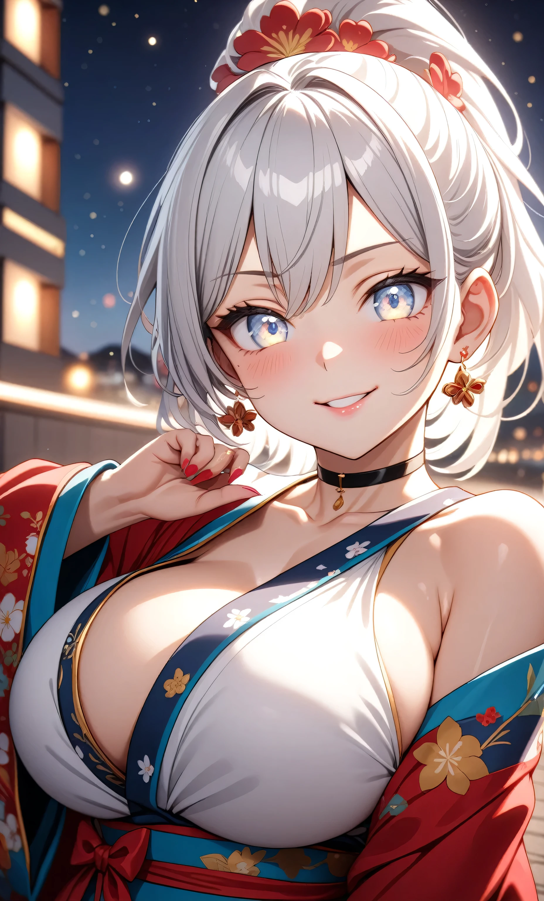 ((one personの女性)), Beautiful Face,Laughing shyly,((wink:2.0)),Laugh with your mouth wide open((Bright red cheeks:1.4)),Glossy pink lips,night,rooftop,Festive decorations,You can see the ocean, firework,Laughing with your mouth open,Glossy pink lips,Lighting on the face,((Anime style background)),masterpiece, Highest quality, so beautiful,Latest, complex details, (Pink long nails),(ring),(bracelet),(choker),AI-generated, complex,High resolution, Highest quality, super high quality,3D Images、View your viewers、3D Images,one person,Long white hair,High Ponytail,(blue eyes),Anime woman posing for a photo, ((Fine grain、Silvery white colorful eyes、Shining Eyes:1.4)),(Squint your eyes:1.1),a hyperRealistic , hyperRealistic , Realistic,Anime woman with long and white hair, Smooth anime CG art, A woman in a colorful kimono with gold embroidery, (Black long sleeve kimono),Red floral pattern,Long flower hair ornament,Big earrings,Mature Body,(Big Breasts:1.1),Tall,Abdominal muscles,Narrow waist,(Zoom in on face:2.0),(Shooting from an angle:1.5),(Tilt the angle:1.3),