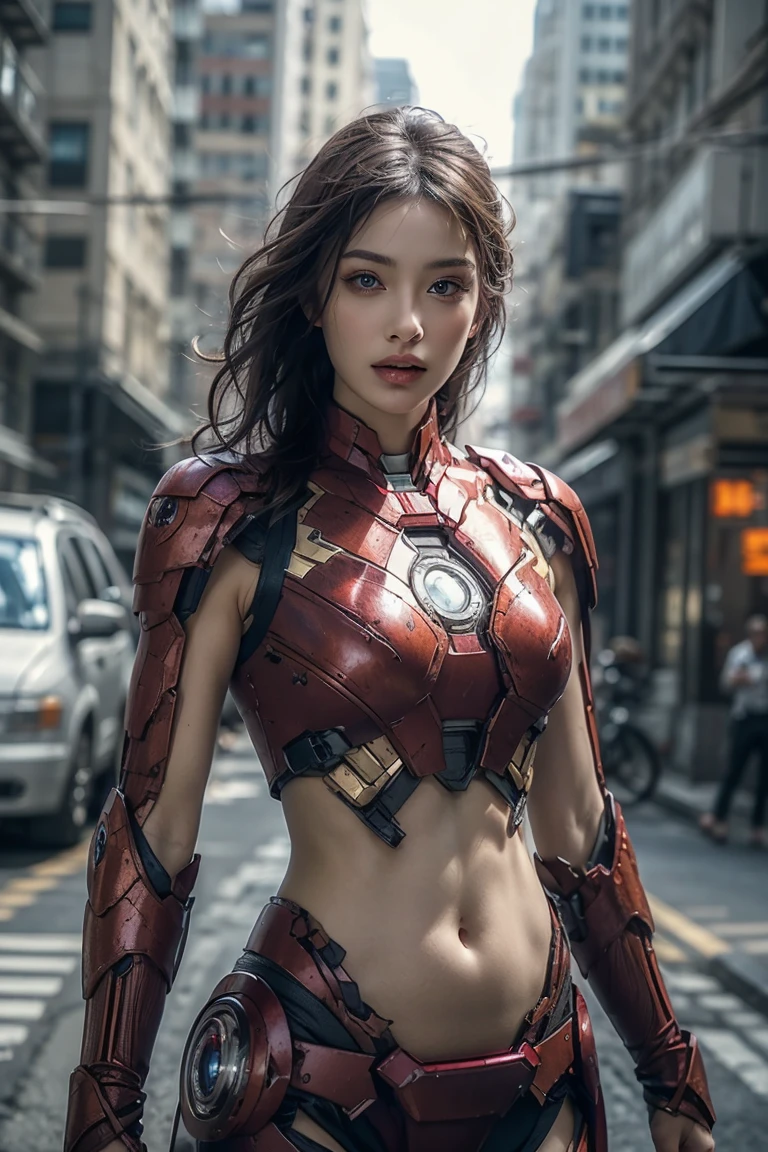 A girl wearing Iron Man armor，Exposing sexy belly,((cowboy shot))，Looking at the camera，Detailed facial features, beautiful eyes, Lips, and long eyelashes, Reality, 8K， Very detailed, Studio Lighting, Dramatic Lighting, Vibrant colors, work, City Streets，The abdomen is open，Showing belly，Sexy abdominal muscles