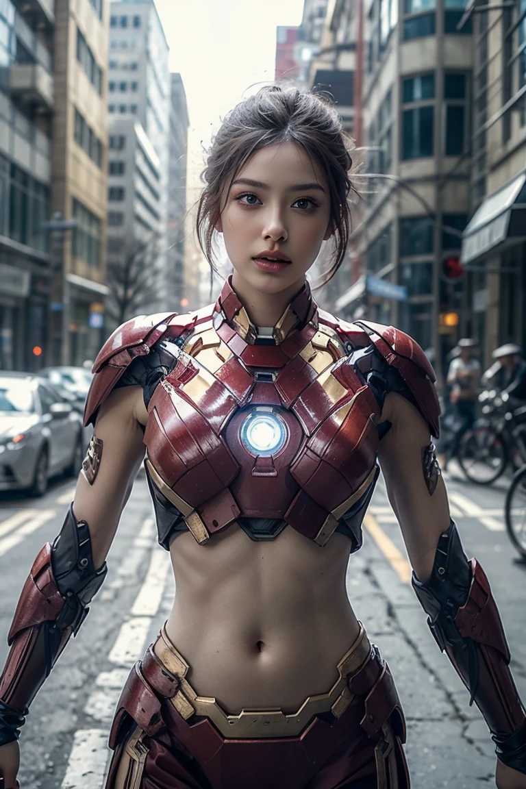 A girl wearing Iron Man armor，Exposing sexy belly,((cowboy shot))，Looking at the camera，Detailed facial features, beautiful eyes, Lips, and long eyelashes, Reality, 8K， Very detailed, Studio Lighting, Dramatic Lighting, Vibrant colors, work, City Streets，The abdomen is open，Showing belly，Sexy abdominal muscles