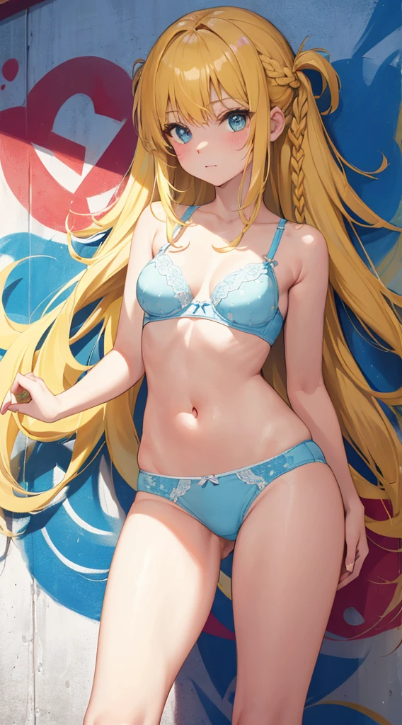 (masterpiece), (best quality), (ultra-detailed),(Style Princess:0.8), Solo, (1girl), single, The face is round and cute, (Dot pattern Panties), ( light blue panties), light blue bra, ultra-small panties, Exposed shoulders, Exposed thighs, only panties and bra, Nudie, (Plain panties), (Wrinkled_Panties), extreamly detailed crotch, Crotch line, Standing, Well-endowed, breasts,(Angle from below), chuckle, My cheeks are red.Overreaction:The girl's surprised expression was、Improbable overreaction.Drawn like a manga or anime。 Cheeks and hands are depicted,yellow Hair, braid, (graffiti murals wall background:1.15), Brilliant Colorful Paintings, bloom, Against Wall, Bangs, reflection