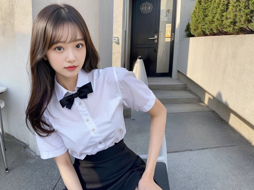 A young woman stands and gives a presentation wearing a sexy academic uniform.,Small milk,Look at me on the table, black skirt,Unbutton your shirt and show your breasts., Open a tight white shirt.,(collar shirt),、(Masterpiece、Highest quality) 、for sharp images、The sun is strong.、Definitely a striking image., very very beautiful、Masterpiece, Highest quality,picture, cute,((23 year old woman:1.2)), realistically,realistic