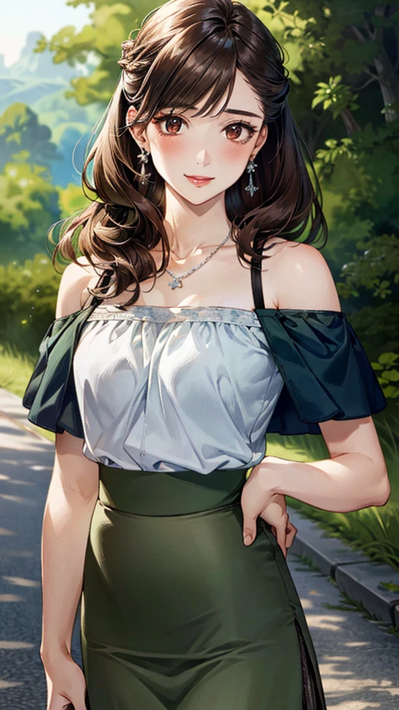 Leather Armor, 4K image, assembly, best quality, masterpiece, movie lighting ，Sexy，Huge Breasts，cleavage，Smile，noble，black hair，ponytail hairstyle，lipstick，Forest walk，Sunlight，Short white lace skirt，stockings，Small leather bag on the belt，Wear a backpack on your back