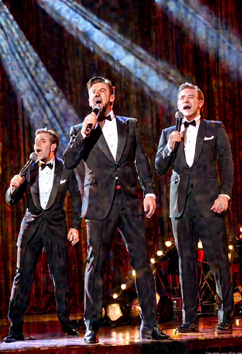 there are three men in suits on stage with a microphone, awarding winning, singing at a opera house, awards winning, opening scene, by Maksimilijan Vanka, performing on stage, end of an era, award winning movie still, theatrical lighting, illuminating the area, concert photo, famous scene, actors, by Jeanna bauck, crisp smooth lines