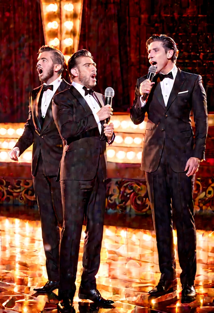 there are three men in suits on stage with a microphone, awarding winning, singing at a opera house, awards winning, opening scene, by Maksimilijan Vanka, performing on stage, end of an era, award winning movie still, theatrical lighting, illuminating the area, concert photo, famous scene, actors, by Jeanna bauck, crisp smooth lines