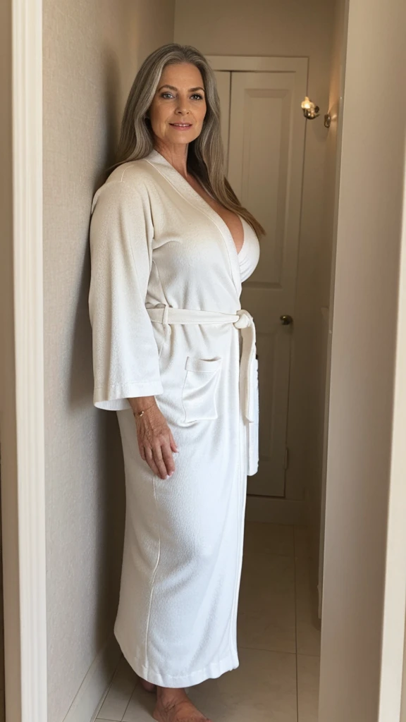 mature woman in, 60 years old, Alone, Long hair, Looking at the viewer, GrayBlonde hair, Brown eyes, Jewelry, Full body, Colossal breasts, (wearing elegant patterned white Bathrobe), Distant photo, Realistic, A sexy one, beautiful colour, Luxury shower room views, Lots of candle night Views, Perfect skin, 3 bust size, instagram (Realistic, A high resolution),photo size 3:4, 1 cute sexy mature woman, (long hair), large expressive blue eyes, happy, (8K, raw photo, Best quality, High detail, curvaceous forms, curvy body,