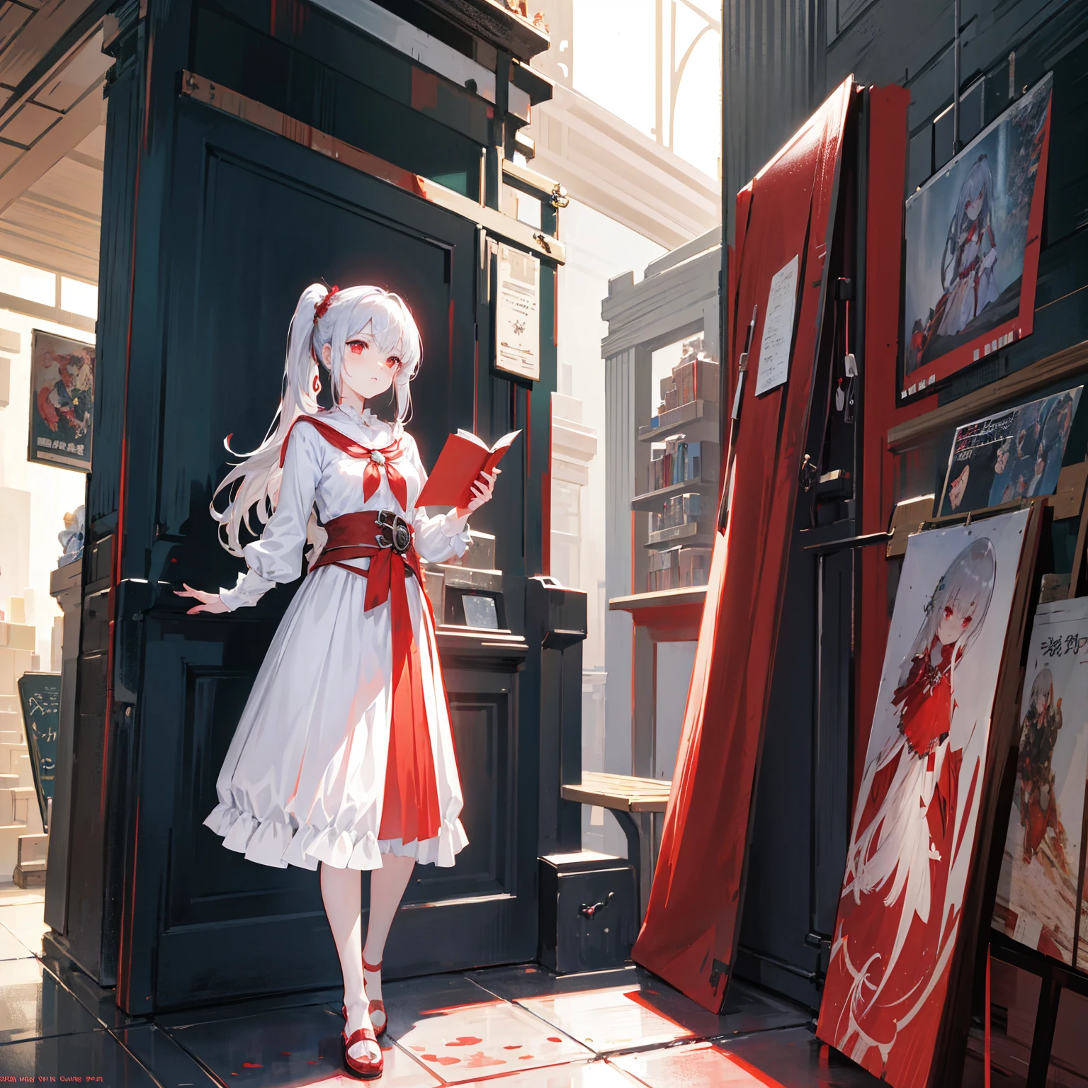 Wearing a red and white dress、anime girl holding sword, Highly detailed official artwork, Epic Light Novel Cover Art, epic Light novel cover art, Silver and red armor, guweiz on pixiv artstation, Anime style 4K, Detailed key animation art, Light novel cover art, Anime Fantasy Artwork,White hair and red eyes,Side Ponytail,Waist-length hair,one person,Portraiture,Reading