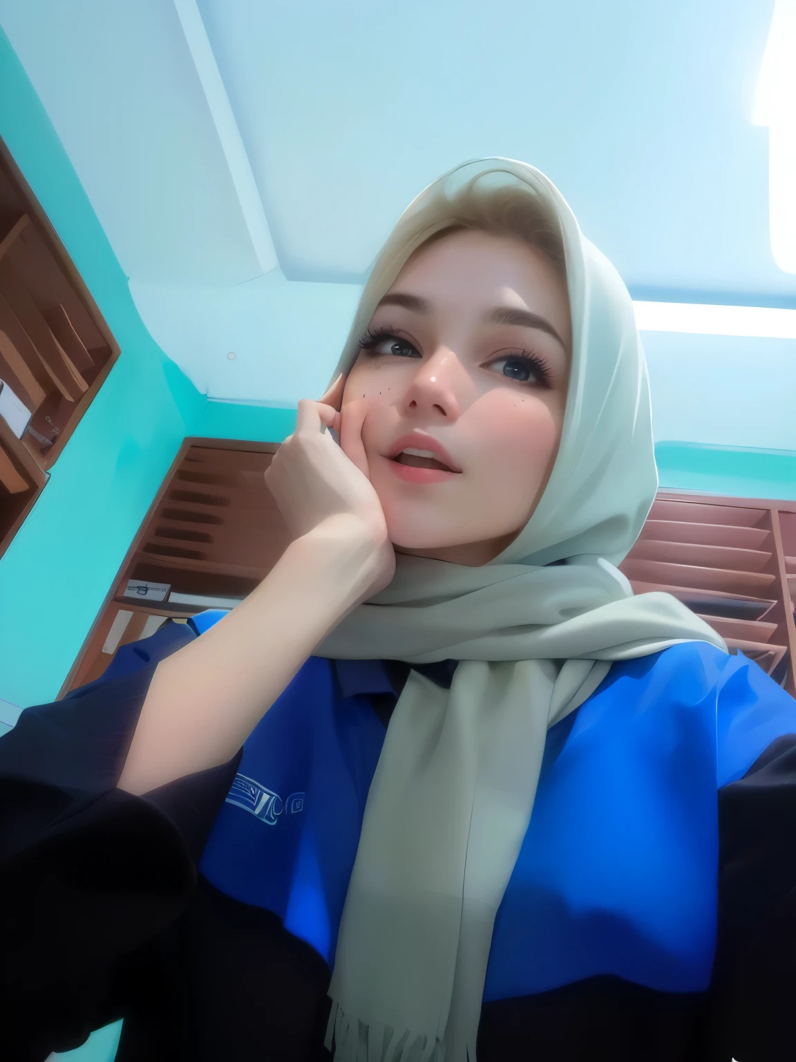 there is a woman wearing a scarf and a blue shirt, with kind face, with accurate face, old picture, protrait, potrait, selfie, selfie!!!!!, close up potrait, panting, student, picture, taken with the best dlsr camera, in office, 8k selfie photograph, selfie photo, with lovely look, bored expression, foto realistic