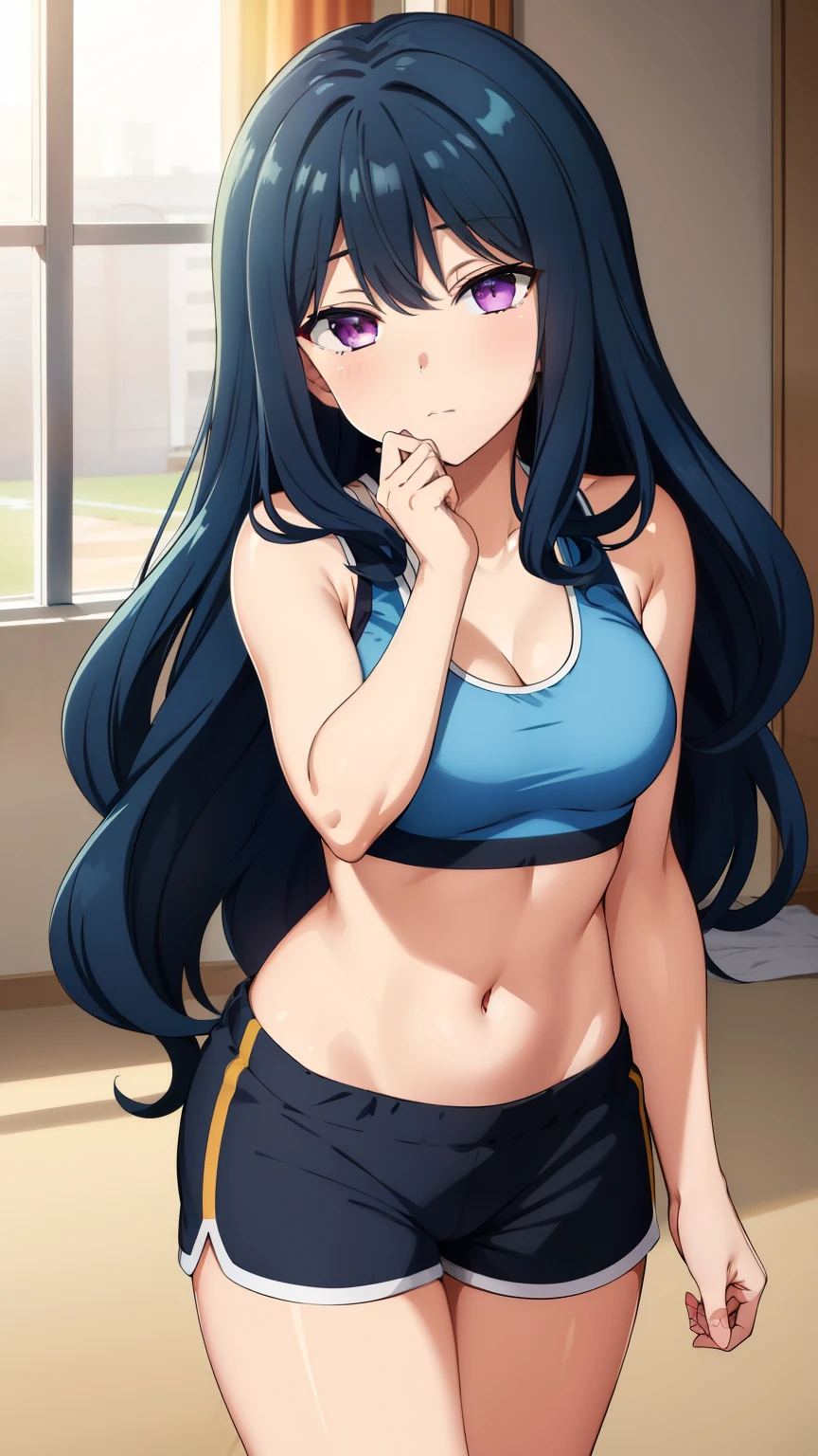 (masterpiece, best quality, high resolution, 8k:1.2),anime art style, nozaki yuu,anime, girl１people, small breasts, (narrowed eyes, eyes half-closed, jitome, rolling eyes :1.2),(eye light: 1.2),closed mouth, blue hair, very long hair, (wavy hair:1.2), purple eyes, beautiful eyes, highly detailed face, Detailed CG, expressionless, solo,((Sports bra, shorts, room)), standing, looking at the viewer, in the center of the image, dynamic poses, dynamic angles,