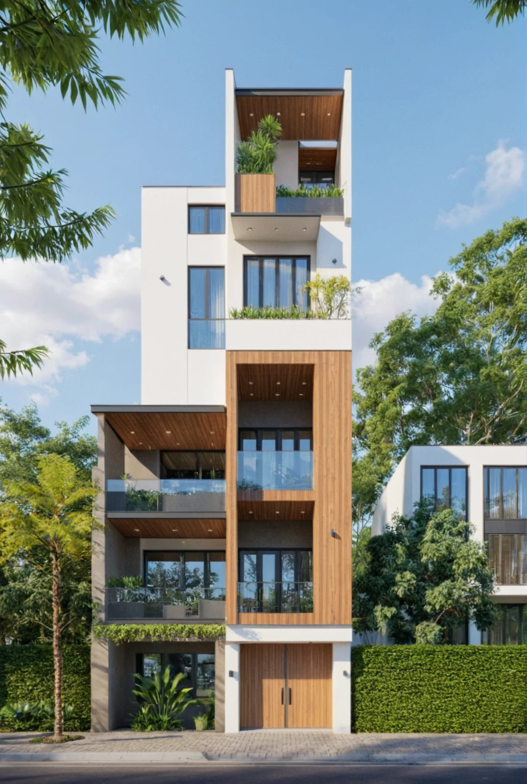 Raw photo,Masterpiece, high quality, best quality, authentic, super detail,
exterior, outdoors, house style modern on the street, glass windows, gate, wooden ceiling,
road,pavement, trees, sky, cloud, (daylight:1.1)