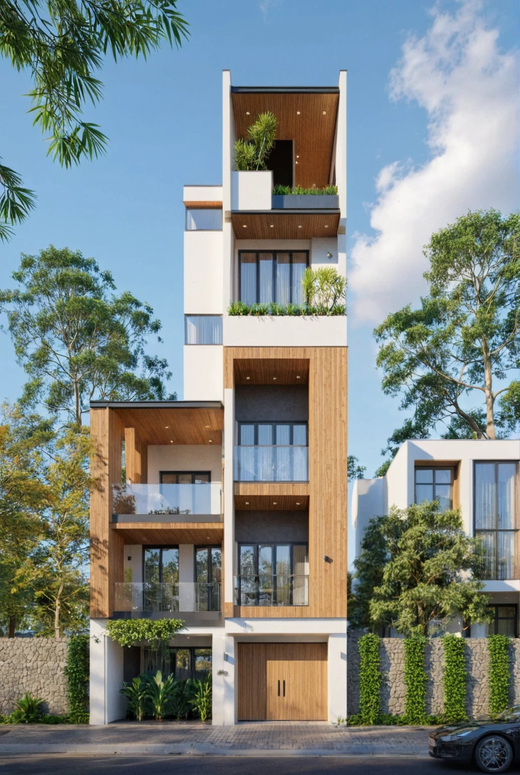 Raw photo,Masterpiece, high quality, best quality, authentic, super detail,
exterior, outdoors, house style modern on the street, glass windows, gate, wooden ceiling,
road,pavement, trees, sky, cloud, (daylight:1.1)