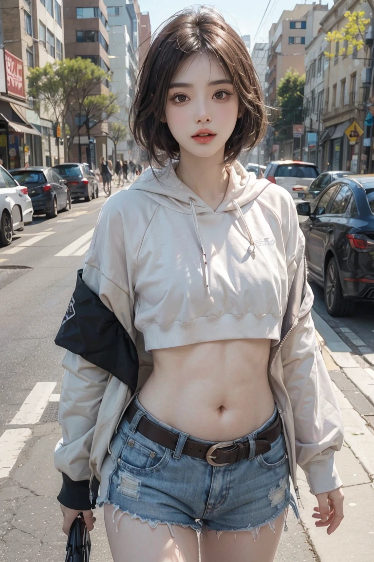 Girl in street scene, Cropped belly-baring hoodie, Exposed lower abdomen,Low-rise shorts, Metal belt,((cowboy shot)),Looking at the camera,Detailed facial features, beautiful eyes, Lips, and long eyelashes, Reality, 8K, Very detailed, Studio Lighting, Dramatic Lighting, Vibrant colors, work, City Streets,The abdomen is open,Showing belly,Sexy abdominal muscles