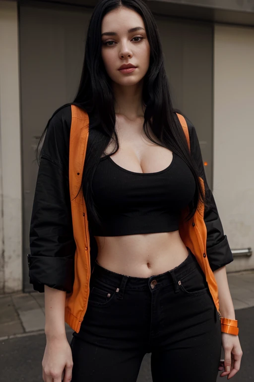 a beautiful young woman with long black hair, pale skin, large breasts, wearing a black cropped top, orange short jacket, and jeans, full HD, full realistic, HD, super HD, hyper realistic