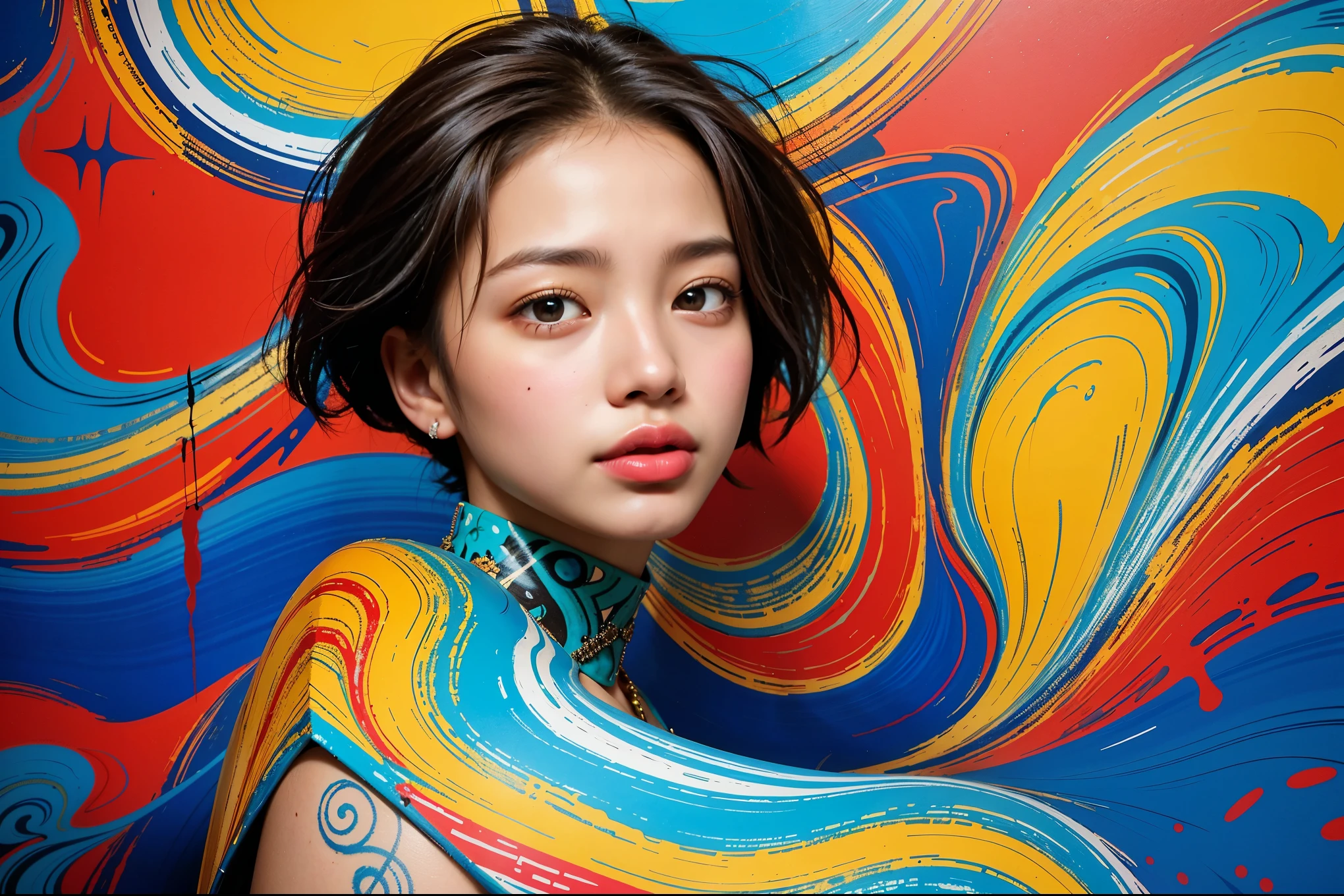 A captivating, vivid, stylized portrait of a woman, whose entire body is expertly crafted with bold, intricate scribbles. The woman's skin has a striking bluish hue, a testament to the artist's creative talent. She is adorned with dazzling jewels, giving her an air of mysticism. The background is awash with colorful scribbles, while expressive brushstrokes and swirling patterns create a dynamic, high-contrast atmosphere. This extraordinary artwork is a masterful blend of Abstract Expressionism, Graffiti Art, Urban Street Art and Afrofuturism, reminiscent of the styles of Justin Copeland, Jean-Michel Basquiat and Keith Haring.