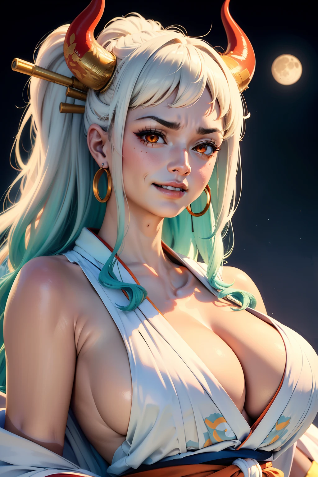 ultra realistic 8k cg, masterpiece, ((ultra detailed background, delicate pattern, intricate detail)), (highly detailed, fine details), best quality, (photorealistic:1.4),beautiful lighting,  absurdres, RAW photo, film grain, ((Big breasts, Masculine girl)), Yamato, long hair, 1girl, horns, white hair, solo, oni, red horns, curled horns, hair ornament, (multicolored horns), jewelry, earrings, japanese clothes, kimono, hair stick, sleeveless, bare shoulders, aqua hair, sidelocks, hoop earrings, hakama, smile, wide smile, ((orange eyes, Masculine girl, Big breasts)), (complex detailed background, barren land, moon, portrait, close-up),