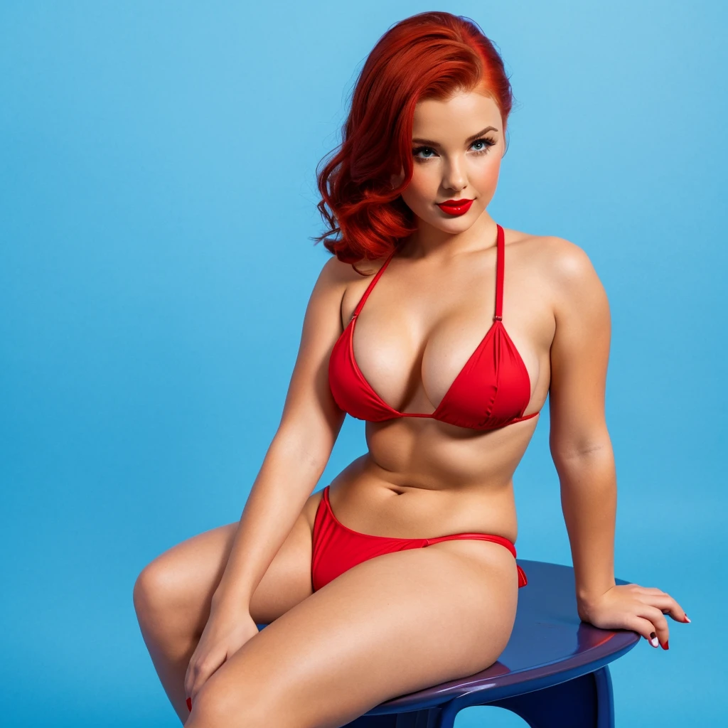 beautiful pinup girl sitting down on blank blue background. Red bikini, brownish red hair, red lipstick