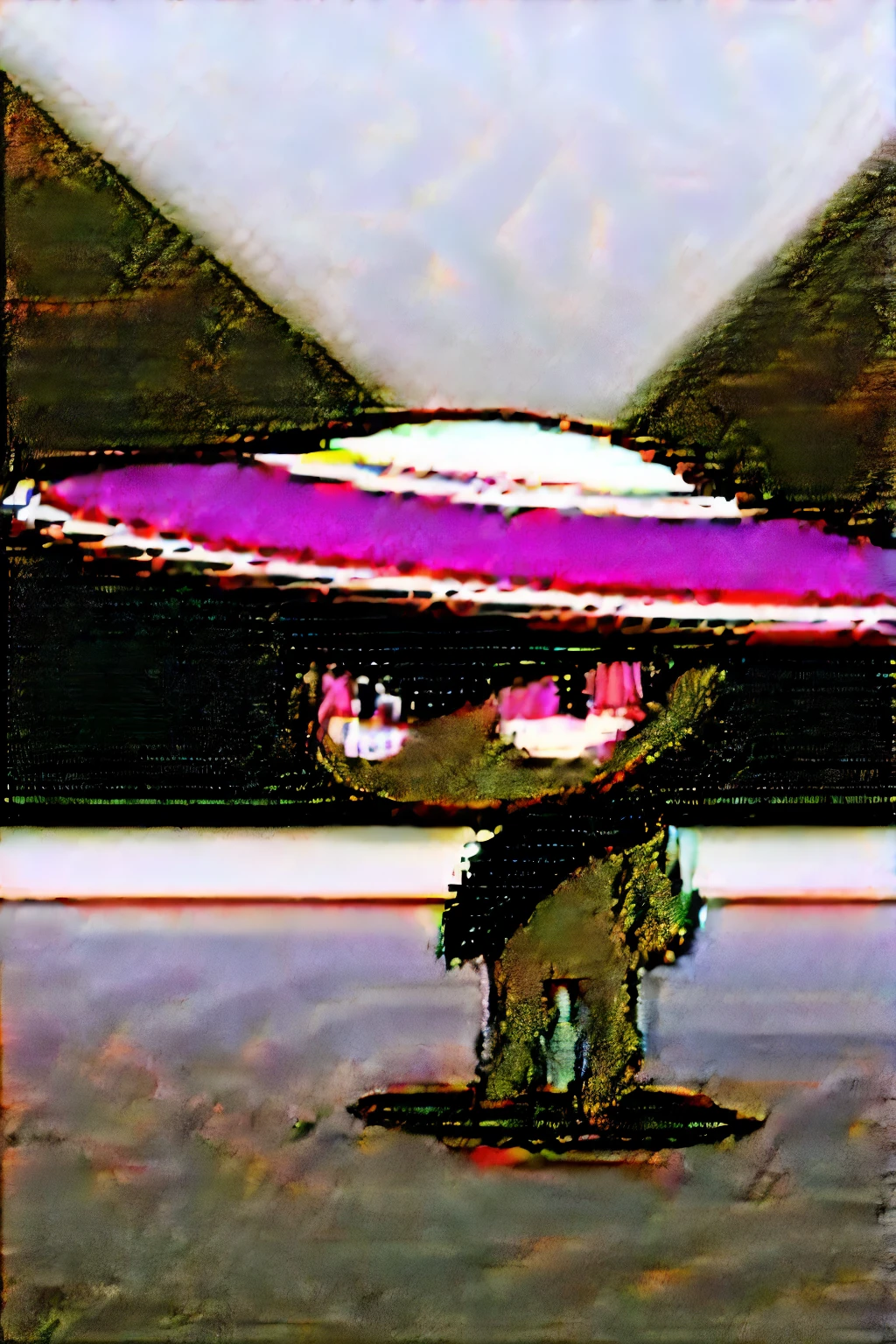 A character who is his own flying saucer, masculine,with arms and legs, black color and purple details, totally white eyes, looking at camera, no pose, minimalistic, blurry background, em 2D, character without any human traits 