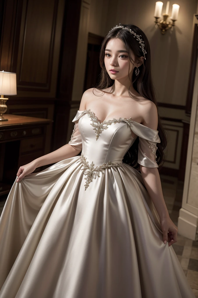 Create a stunning image of a woman wearing a luxurious evening dress. The dress should be a perfect blend of elegance and sophistication, flowing gracefully to the floor with a slight train. It should feature a deep, rich color like midnight blue or emerald green, with delicate embroidery or beading that catches the light. The bodice should be form-fitting, accentuating her silhouette, with an off-the-shoulder or sweetheart neckline to add a touch of romance. The fabric should be high-quality, such as silk or satin, with a subtle sheen that gives the dress a glamorous look. She should be standing in a beautifully lit room, perhaps a grand ballroom or a lavish hall, with soft lighting that highlights the intricate details of the dress, colorful dress