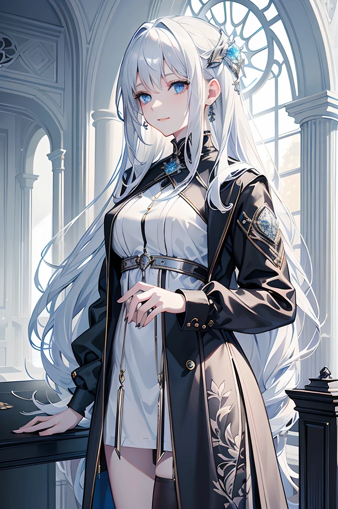 masterpiece, highlydetailed, ultra-detailed, cold, solo, (1woman), (pale skin), green eyes, blonde hair, braids, young woman, medium breasts, goddess, cool kuudere girl, (long Black jacket), (modern casual clothes), sleepy, lazy, (smile:0.8), (polite clothes), (close clothes), CEO, rich, hair decoration, tall, (outdoor), half body, katana 