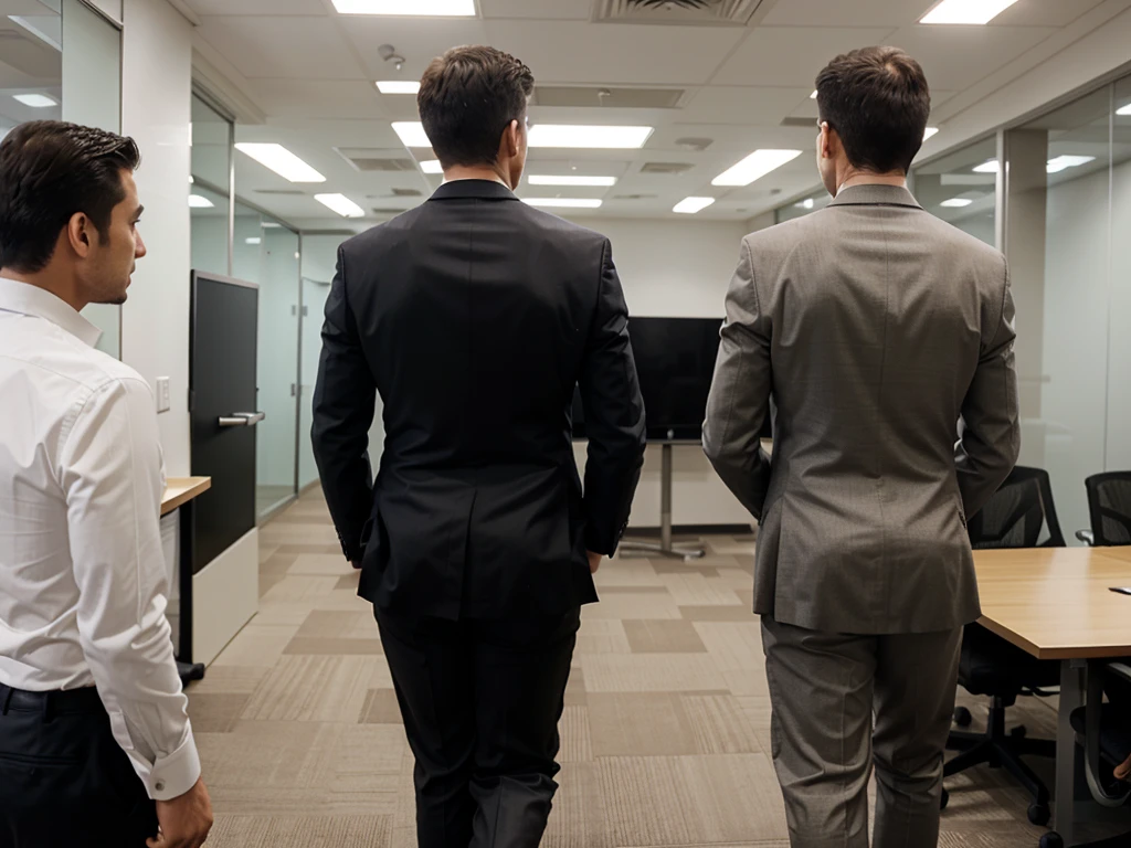 ((photo realistic)), (((one men only in the picture))), 30 years old mature beefy bulky Hiroshi man with sharp chin posing in a white office, short haired, back arched, he is wearing dark blue slacks pants and white shirt (unrealistic super big tight butt), ((tight pants)), medium shot taken from behind, back - shot, rear-shot, ((Low angle))