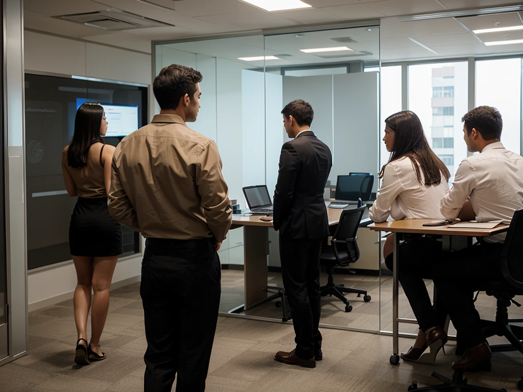 Back view of a standing businessman Meeting with employees in a conference room with laptop computers.