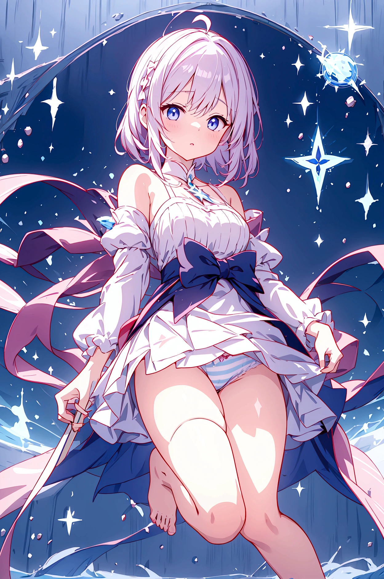 Plain white with emphasis on the chestTshirt、You can see the chest from the neck、Ultramarine and white striped mini skirt、When you lift up her skirt you can see her cute pink frilly underwear..、Fluffy, White frilly flared skirt、When she lifted her skirt, She found some cute red frilly underwear、barefoot、library、Three girls of different heights Magical girl with a magic wand、Wind and water magic、Black Magic Robe