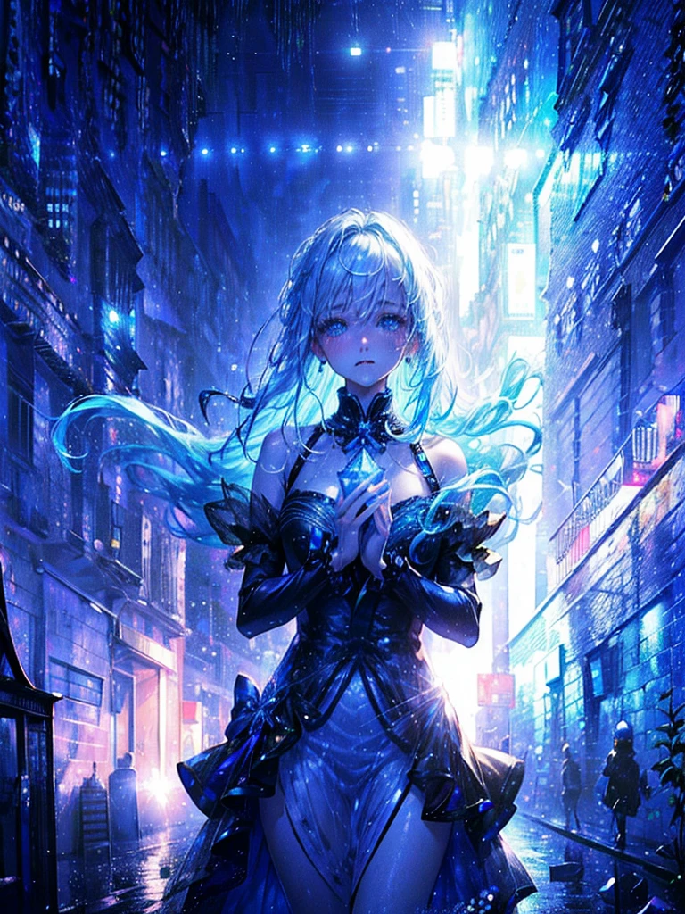 One beautiful woman、Long Field Angle、Highest quality、Super detailed、masterpiece、Transparent light blue hair、Crystal-like hair、Blue eyes that shine like jewels、Wet Hair、City building street、in the rain、look back、Are crying